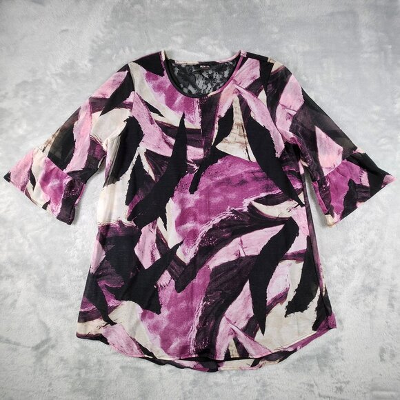 Style & Co Tunic Top Large Purple Bell Sleeve Abstract Pattern Lace Back Stretch - Picture 1 of 11